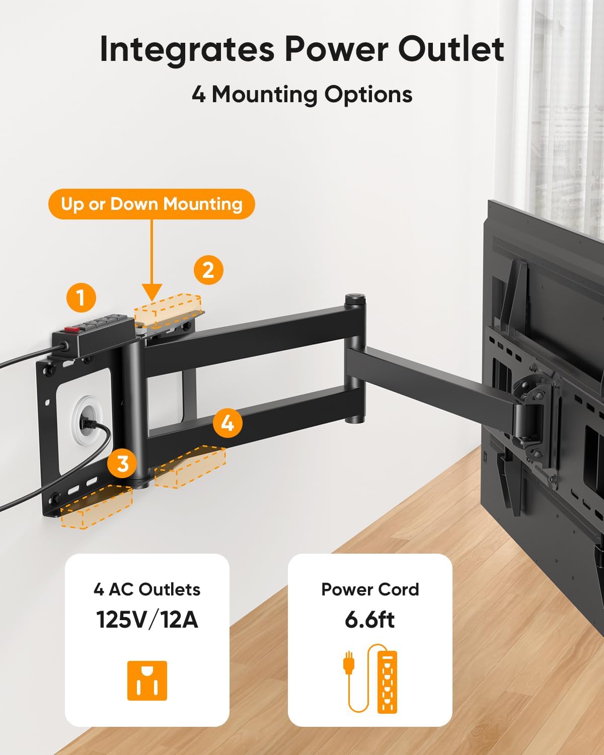 FORGING MOUNT 42 inch Long Arm TV Wall Mount with Power Strip, Full Motion Long Extension Articulating Corner TV Mount for 37 to 80 Inch Flat/Curve TVs, MAX VESA 600x400mm, Holds up to 110 lbs