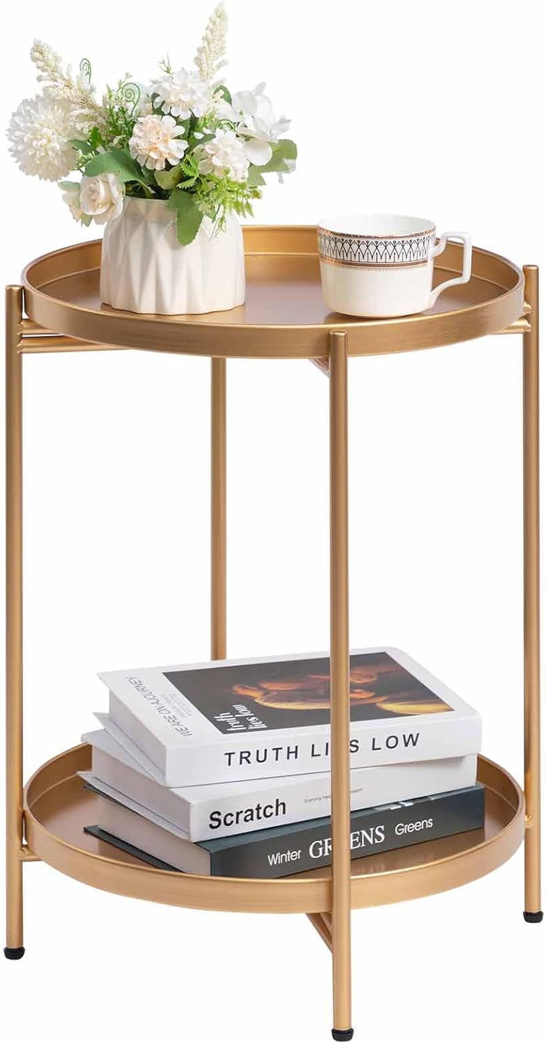 HollyHOME 2-Tier Round Gold Side Table, Outdoor Small Folding Accent Stand with Removable Tray, Anti-Rust Metal Asional Table for Balcony Patio Living Room, Nightstand for Bedroom(Gold)