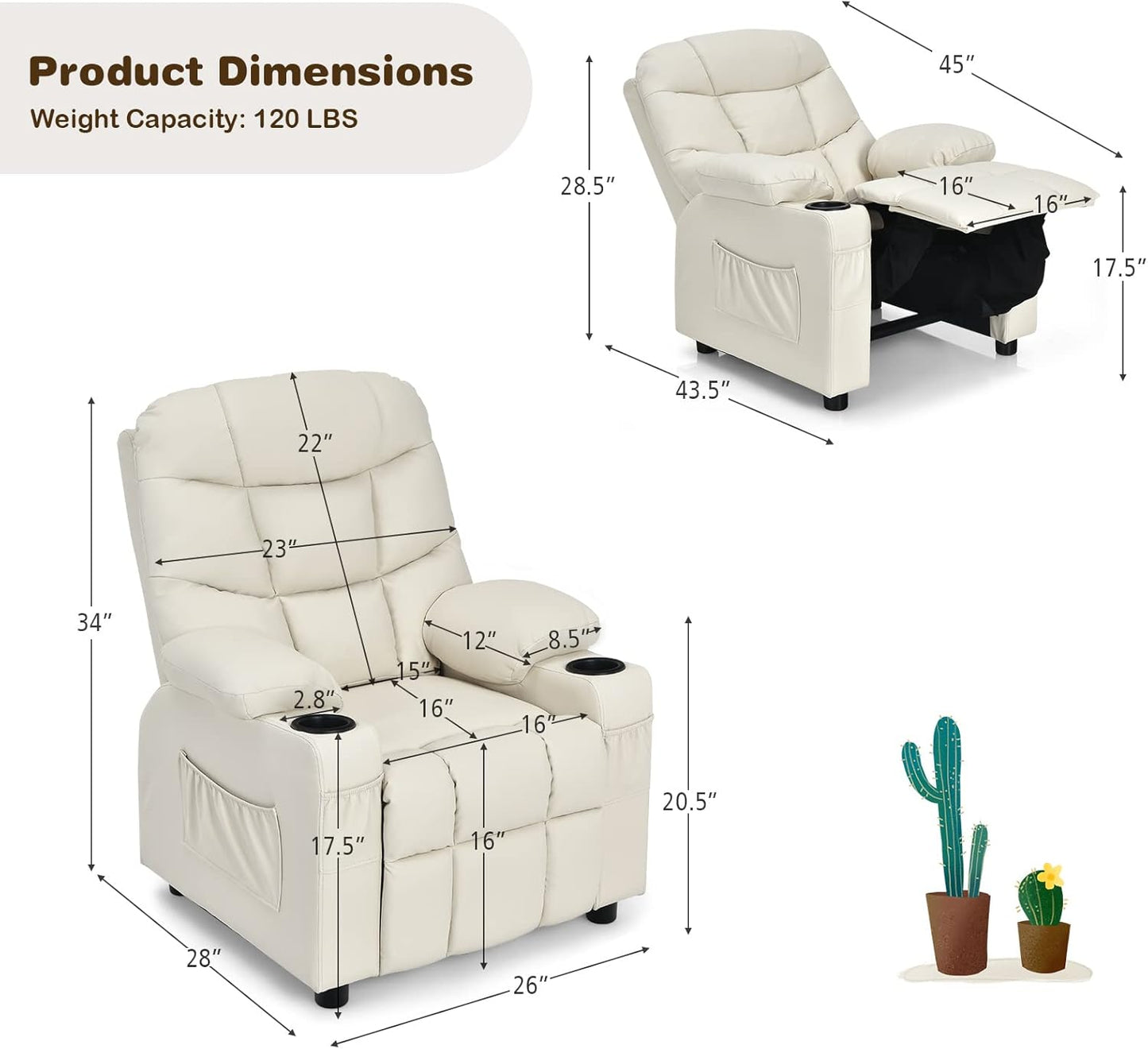 Costzon Kids Recliner Chair with Cup Holder, Adjustable Lounge Chair w/Footrest & Side Pockets for Children Boys Girls Room, Ergonomic Toddler Furniture Sofa, Kids Recliner (Beige)