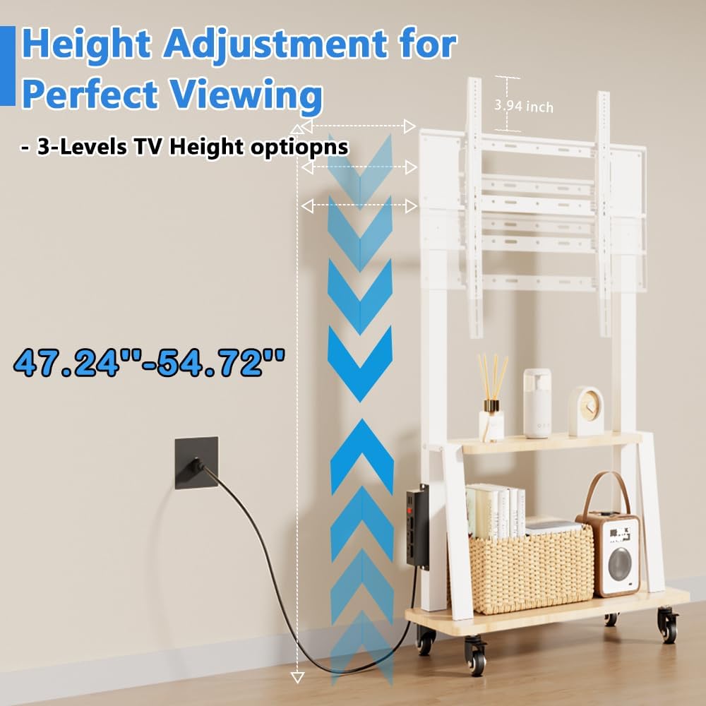 Mobile TV Stand with Power Outlet, Wood Shelf Portable TV Stand on Wheels for 32 to 55 65 70 75 inch Television, Height Adjustable White TV Cart, Holds up to 130LBS, Vesa 600×400mm.