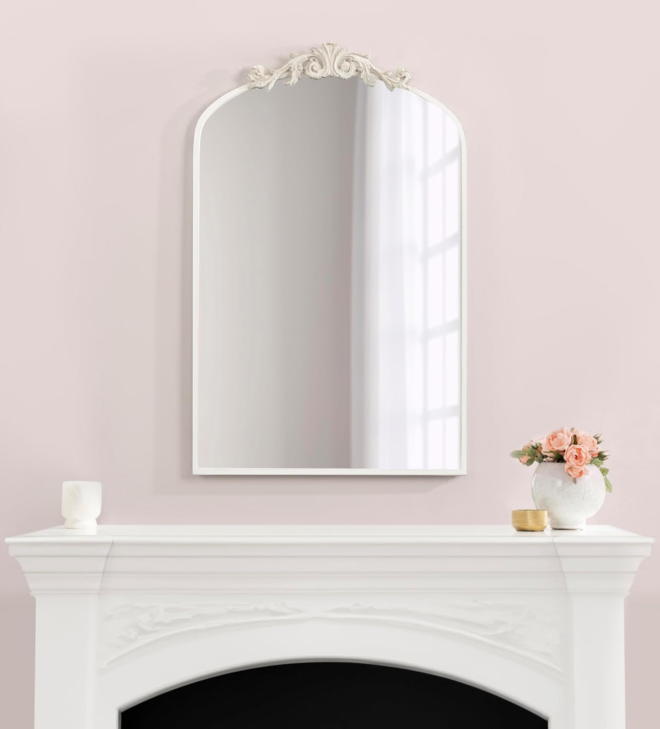 Kate and Laurel Arendahl Traditional Arch Wall Mirror; 24 x 36; Antique White; Vintage Glam Baroque-Inspired Arched Bathroom Vanity Mirror with Ornate Crown
