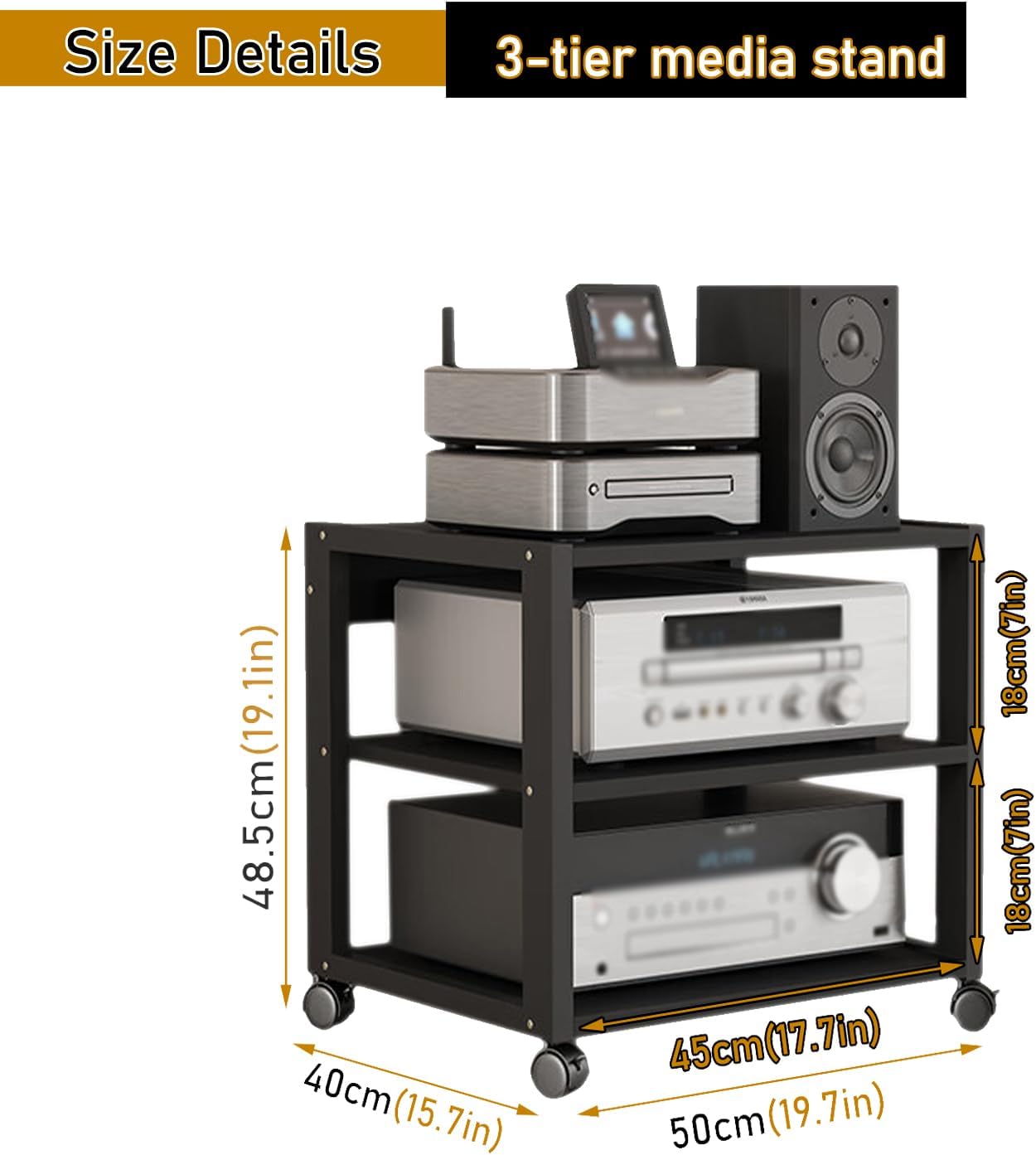 3 Tier Audio Rack Tower, CD Record Player Stereo Receiver AV Equipment Cabinet Display Rack, Weight Capacity 220 lbs, with Adjustable Wooden Shelves for Home (Black, 3tier)