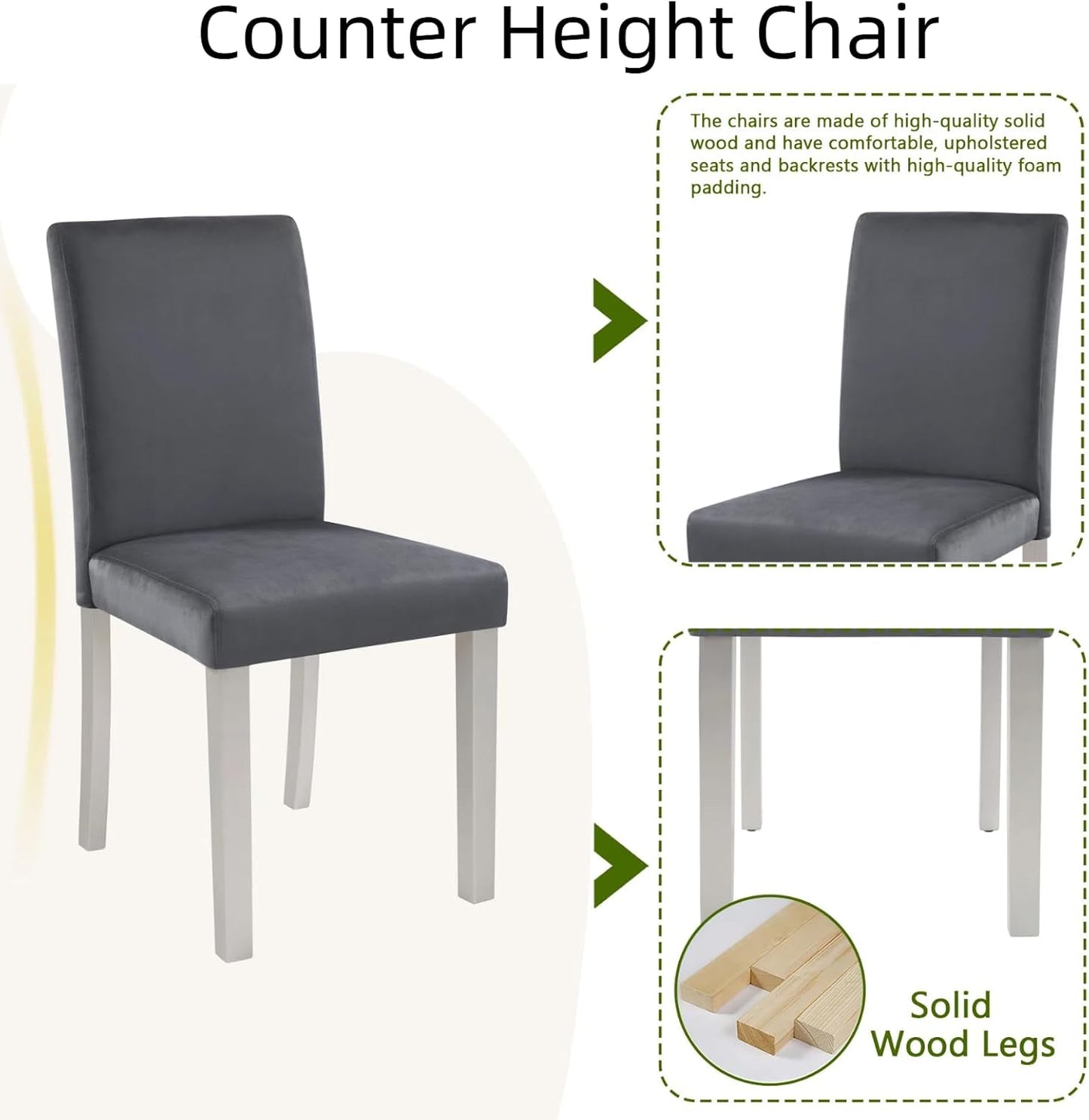 Dining Table Set for 4, 5-Piece Dining Room Table Set with Square Crystal Decoration Table & 4 Upholstered Backrest Chairs, Counter Height Kitchen Sets with Faux Wood Grain Design, Grey