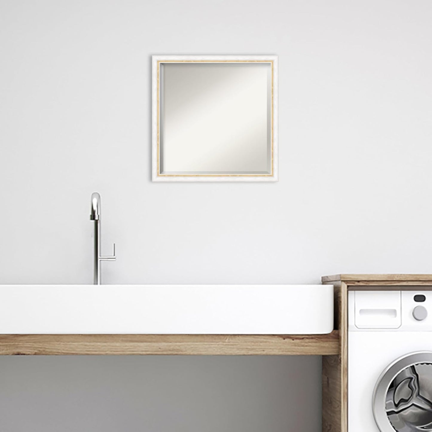 Amanti Art White Bathroom Mirror for Over Sink, 22x22 Morgan White Gold Square Vanity Mirror, Medium Modern Contemporary Wood Frame, Hangs Horizonally and Vertically, Bathroom Wall Decor, Beveled Edge
