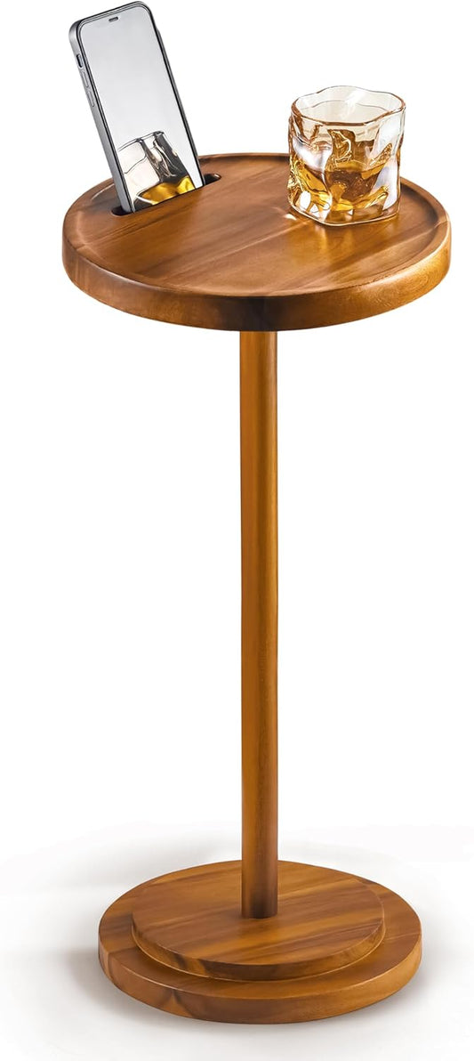 Drink Table, 24.4" Tall Compact Side Table with Phone Slot and Weighted Base, Durable Pedestal Table Accent for Living Room (Stepped Base, Acacia)