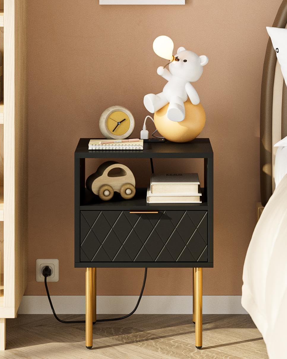 Nightstand,Small Bedside Table with Gold Frame,Morden Night Stand with 2 Drawer,End Table,Side Table with Drawer and Shelf for Bedroom,Living Room (Black-Diamond-Outlet)