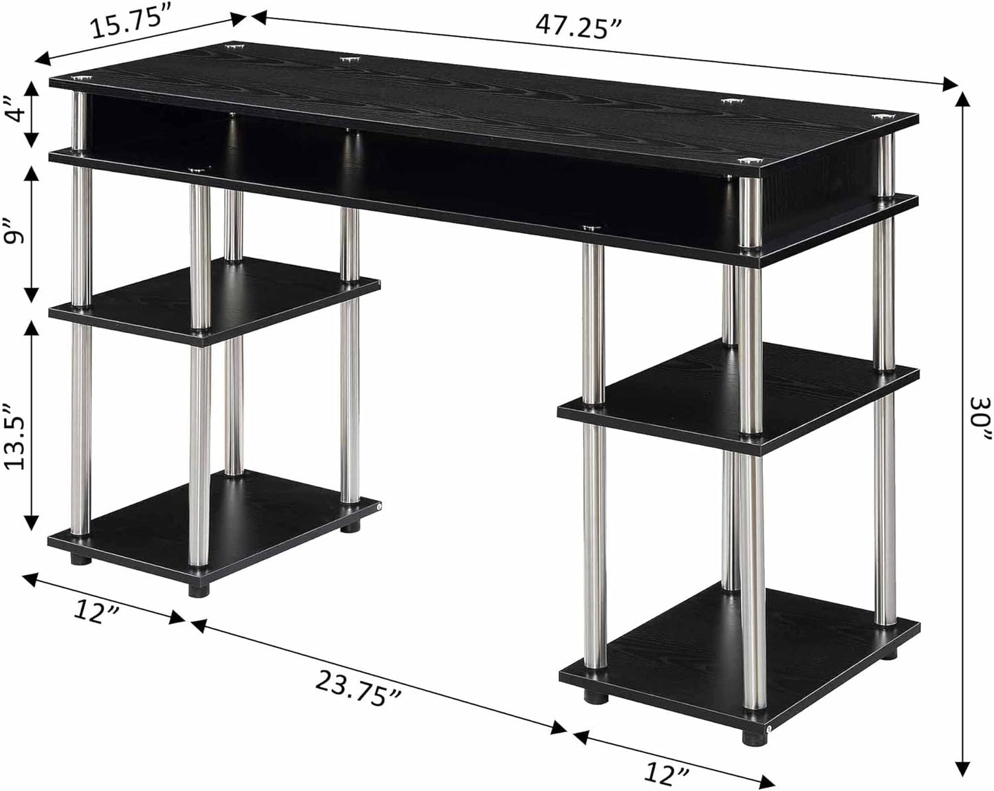 Convenience Concepts Designs2Go No Tools Student Desk 47.25" - Contemporary Office, Dorm Room Desk and Vanity with Storage Shelves, Black