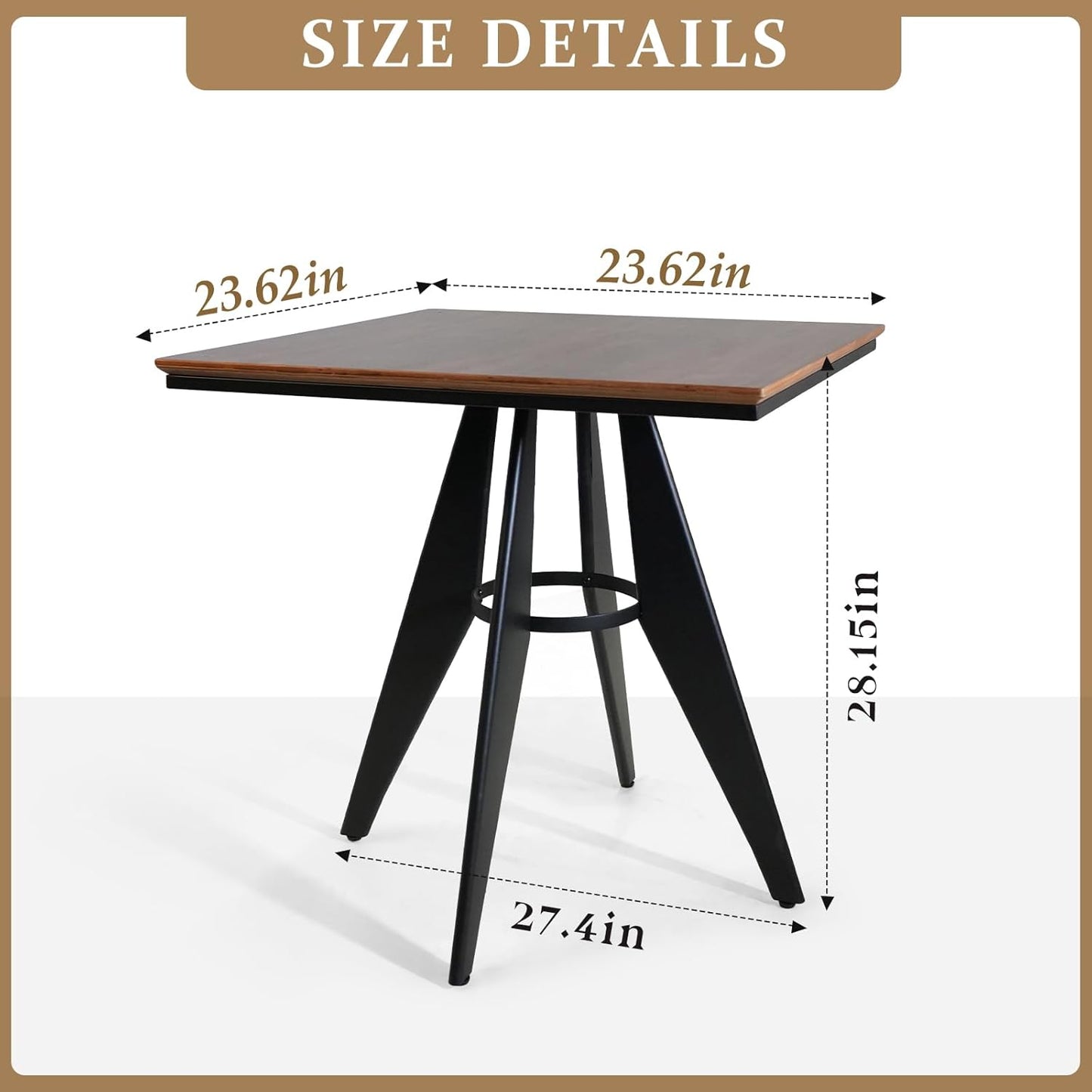 Square Cafe Table - 23.62" Oak Wood Top, Metal Frame, 28.15" High, Modern Industrial Dining Table for Kitchen, Home Office, Bistro, Compact for Space Saving