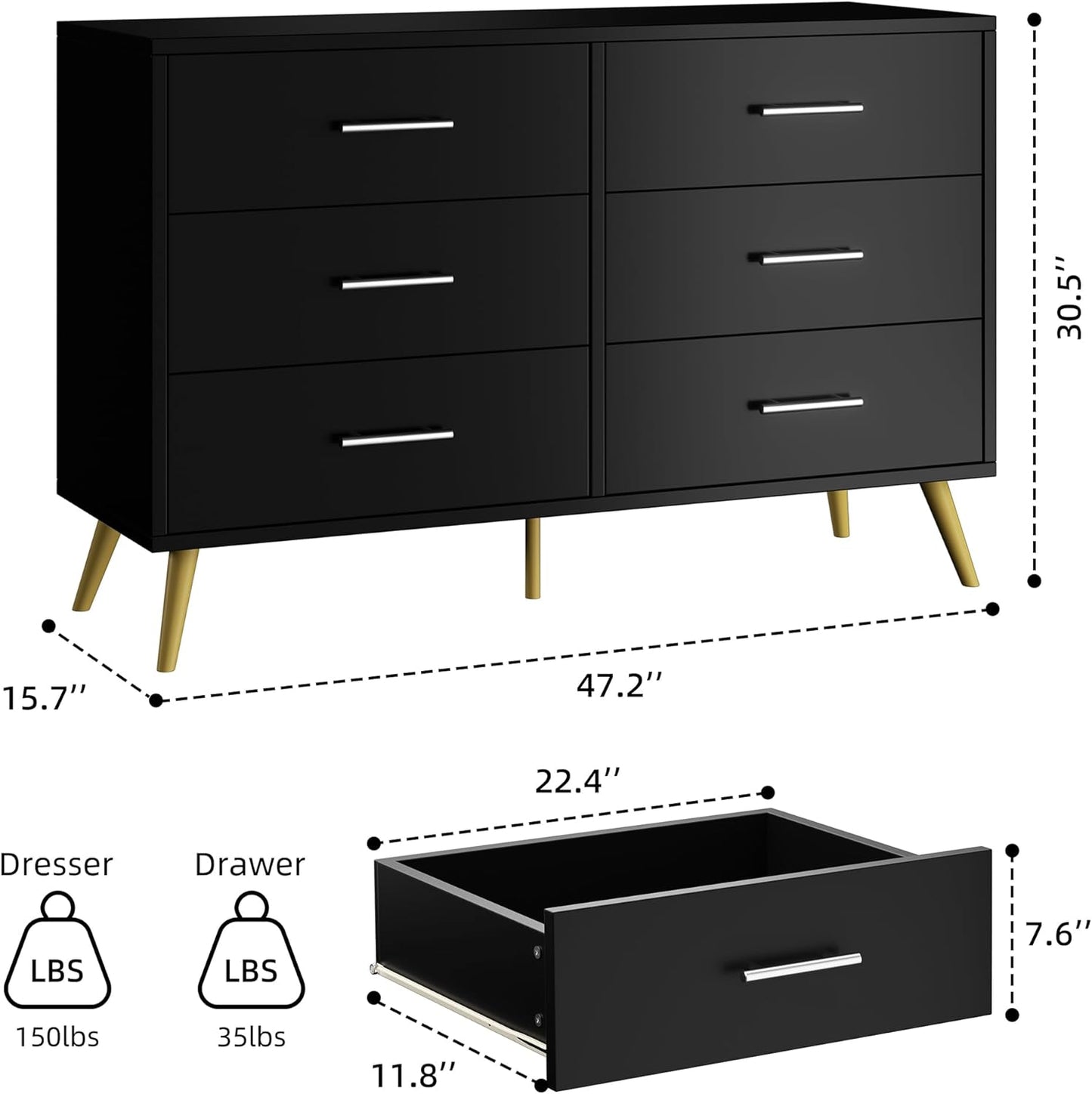 Shintenchi 6 Drawer Dresser, Wide Chest of Drawers Organizer Storage with Drawers, Large Storage Cabinet, Modern Design Dresser for Bedroom, Living Room, Porch, Black