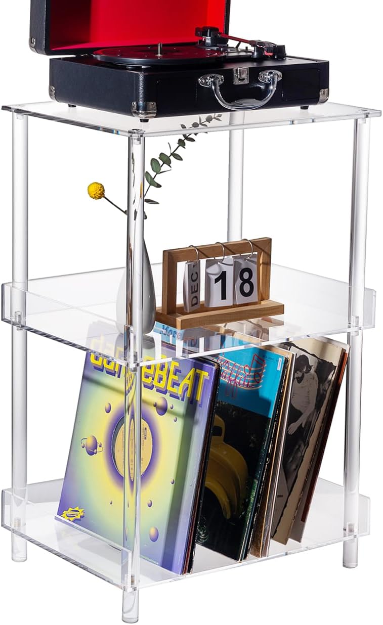Antilope 18x14 Acrylic Record Player Stand with Vinyl Storage, 3 Tiers Large Turntable Stand Holder Up to 200 Albums, Record Player Table Cabinet Organizer for Living Room Bedroom Corner (Clear)