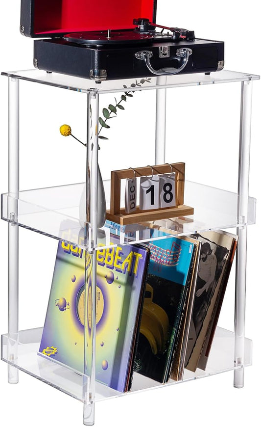 Antilope 18x14 Acrylic Record Player Stand with Vinyl Storage, 3 Tiers Large Turntable Stand Holder Up to 200 Albums, Record Player Table Cabinet Organizer for Living Room Bedroom Corner (Clear)