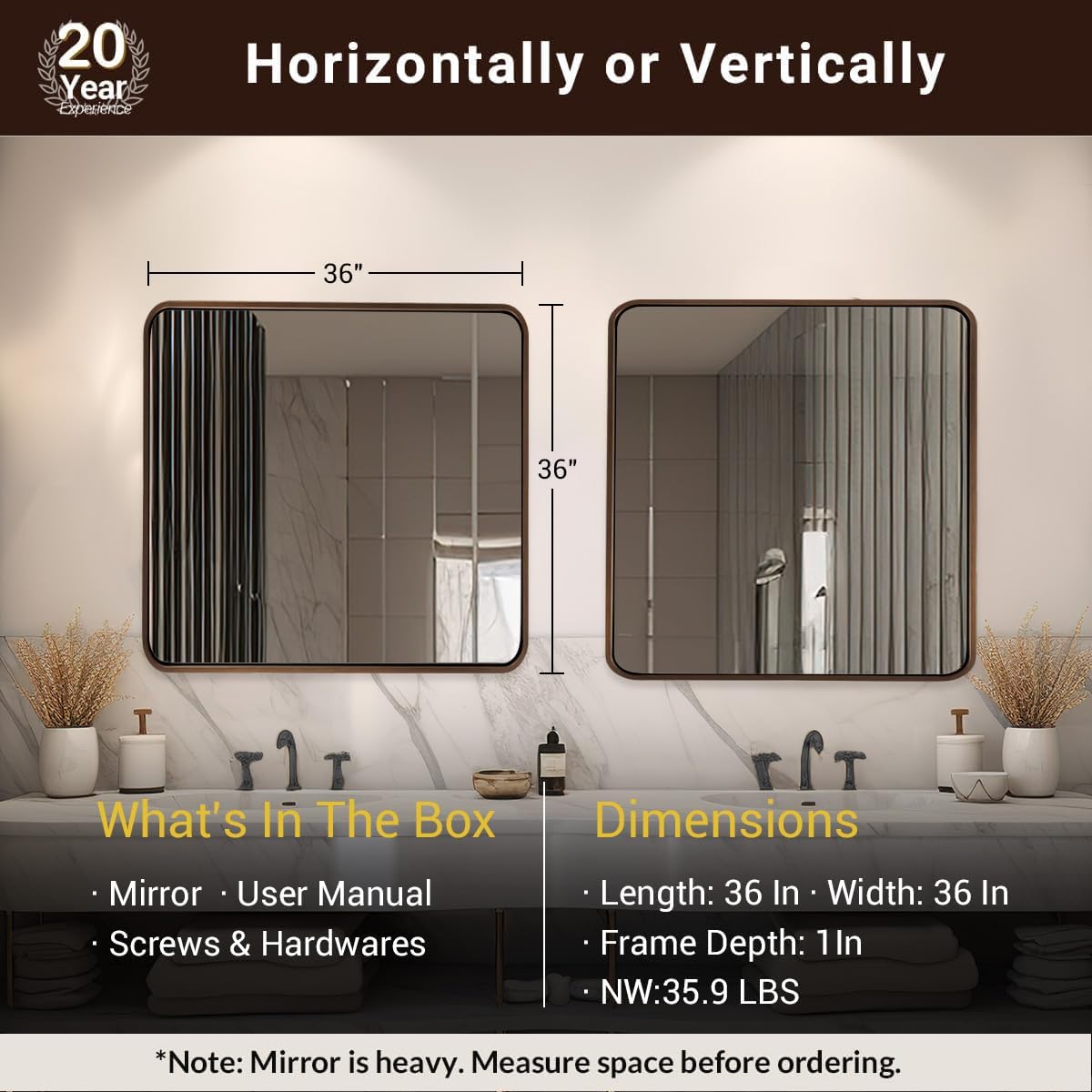 ANDY STAR 36x36 Inch Bronze Bathroom Mirror, Rounded Square Oil Rubbed Bronze Mirrors for Bathroom,Tube Metal Framed, 1’’ Deep Wall Mounted Vertically/Horizontal