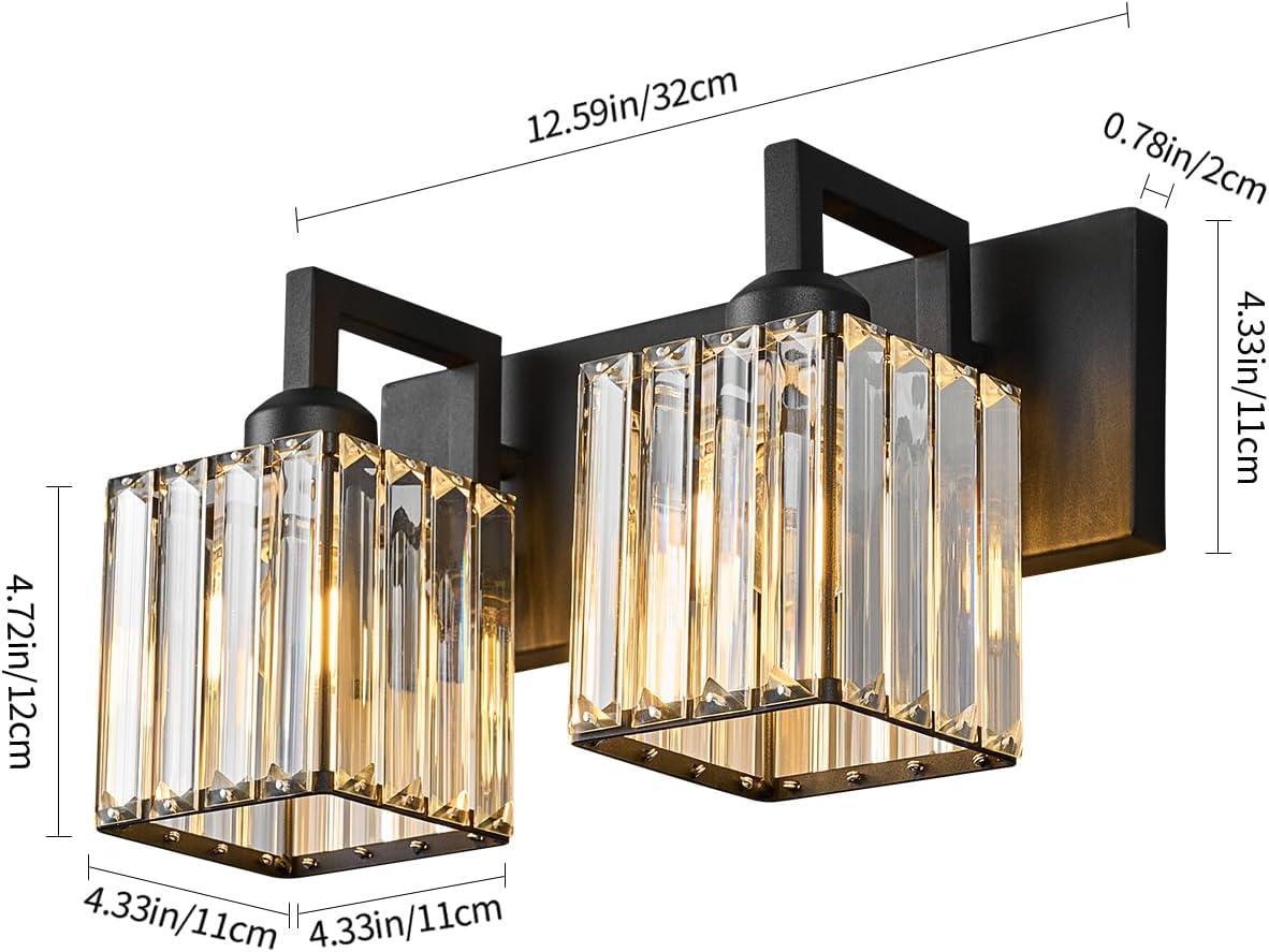 Modern Bathroom Vanity Light 2-Lights Black Crystal Bathroom Wall Light Vanity Light Fixtures