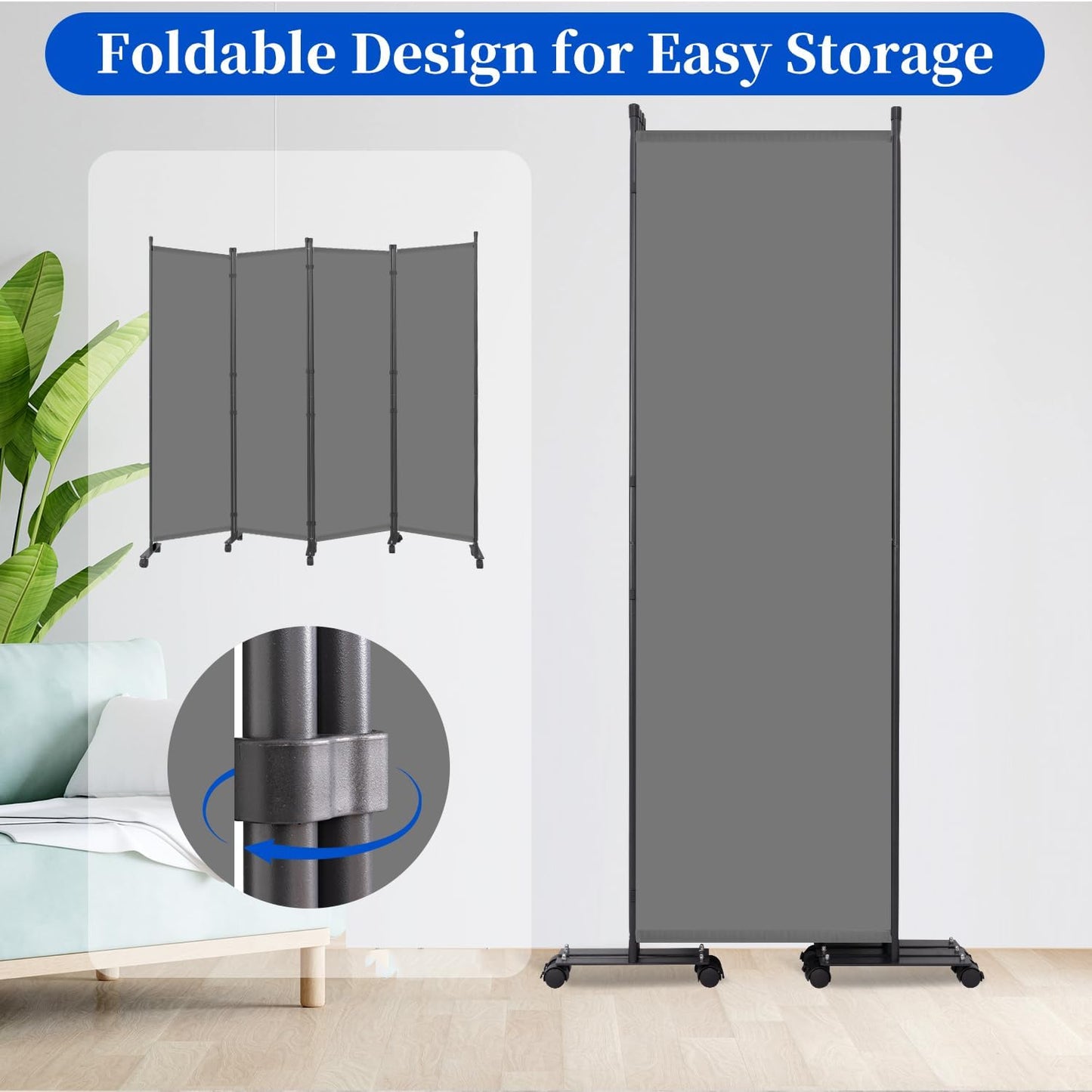 Room Divider 6FT Room Partition with Lockable Wheels,4 Panel (Thicked Metal Base) Room Dividers, Freestanding Indoor Folding Privacy Screens, Portable Fabric Wall Divider for Room Separation, Grey