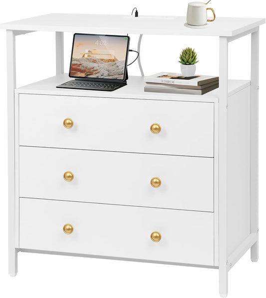 3 Wooden Drawers Night Stand, 27 Inch Wide Nightstand with Charging Station and Adjustable Drawers, Bedside Table for Living Room/Bedroom/Office, White.