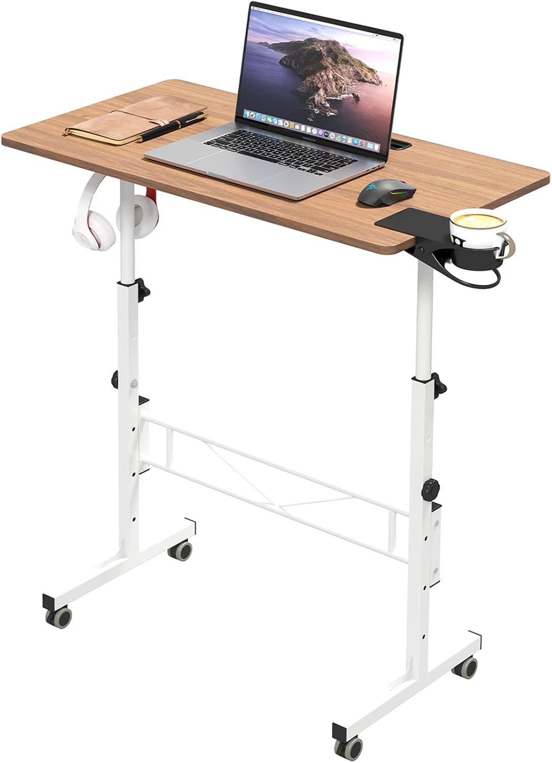 Hadulcet Portable Standing Desk, Rolling Desk Adjustable Height, Mobile Laptop Desk, Small Stand Up Table with Wheels, Walking Table for Treadmill Walking Pad, Tall Computer Stand, Oak