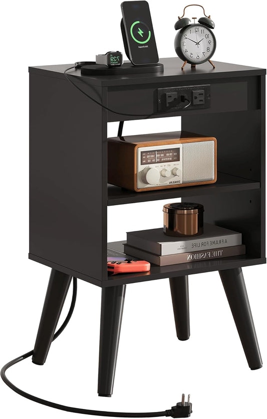 WLIVE Black Nightstand, Night Stand with Charger Station, Bedside Tables, Side Table with Storage Shelf, End Table with USB Ports and Outlets for Bedroom, 15.12" D x 11.73" W x 23.74" H