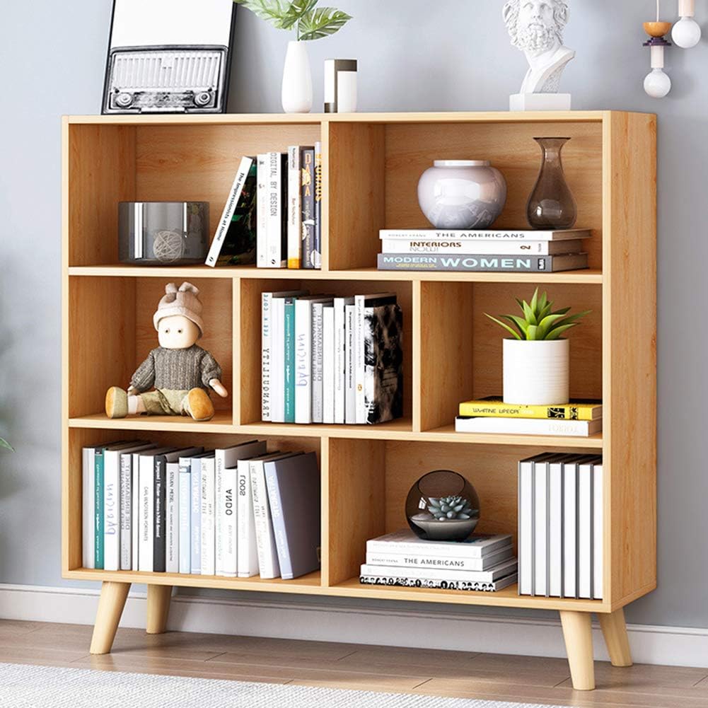 IOTXY Wooden Open Shelf Bookcase - 3-Tier Floor Standing Display Cabinet Rack with Legs, 7 Cubes Bookshelf, Pear Yellow