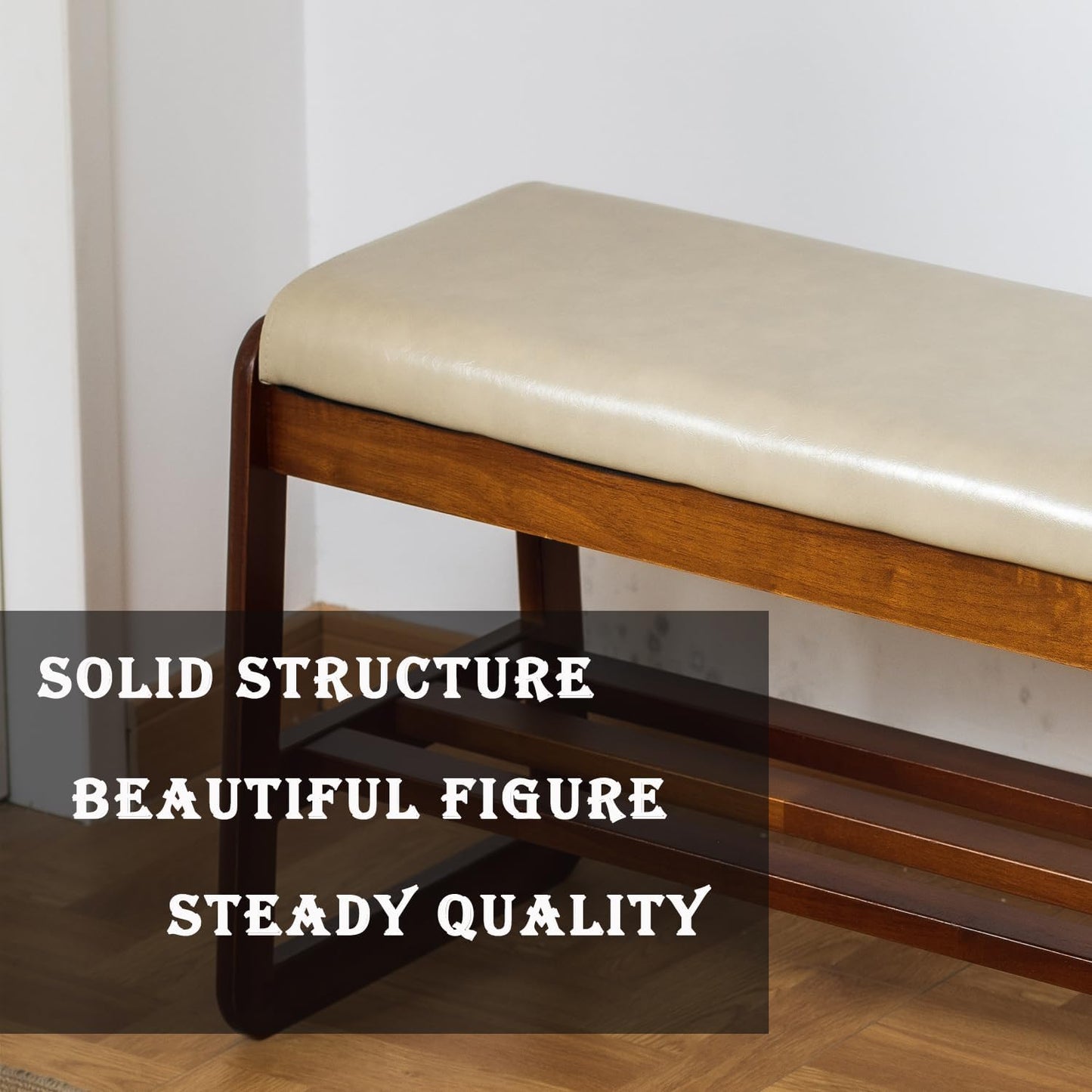 latifolia Solid Wood Bench, Entryway Shoe Bench with Cushion, 2 Tier Shoe Storage Organizer for Hallway, Living Room(Grey,39.70''L)