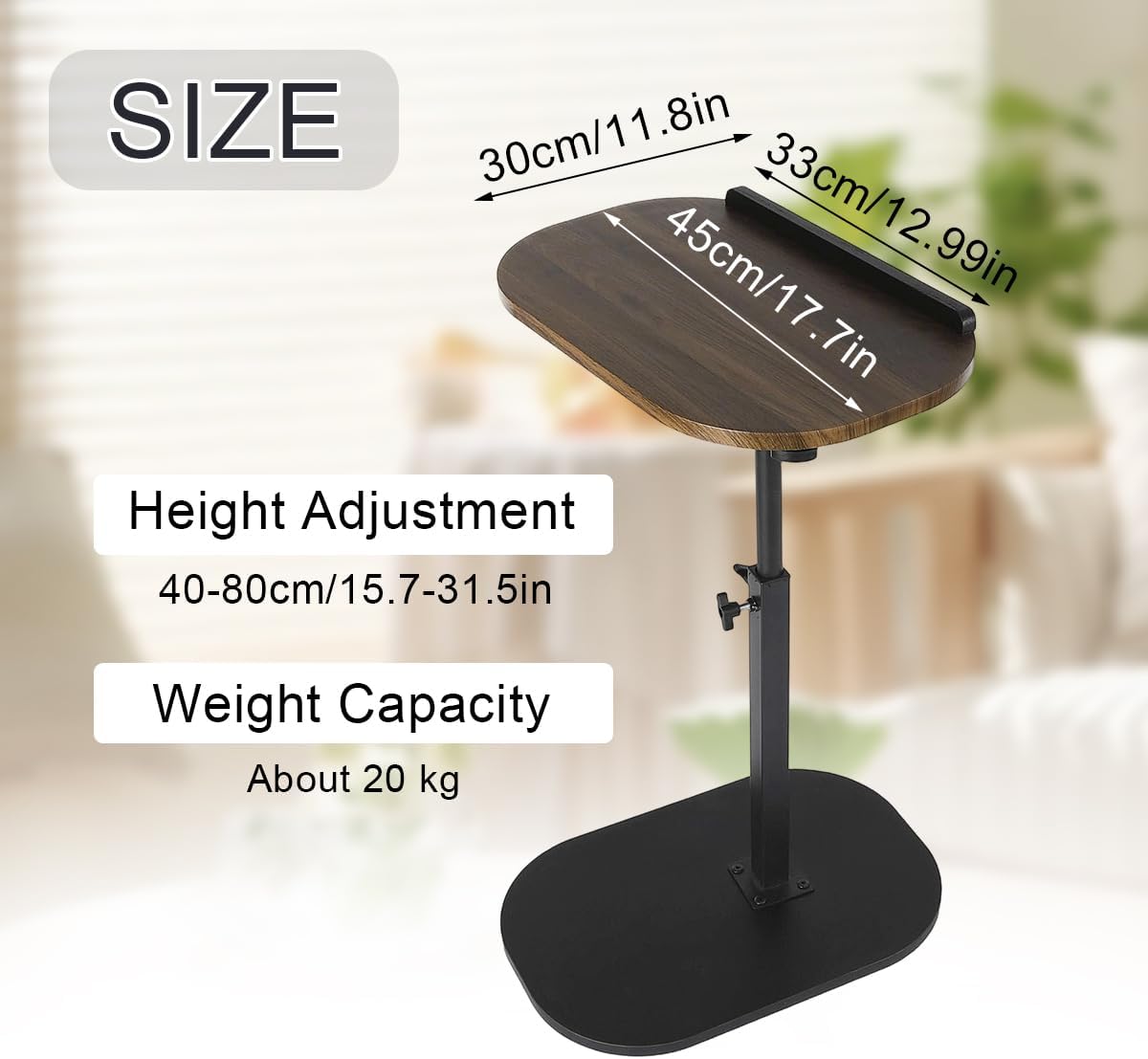 Comeon C-Shaped Tv Tray Pedestal Side Table, End Table Adjustable Height in Couch Living Room or Bedroomwith 360° Rotating Top for Small Spaces Bedside Night Stand Bedside Snack (Walnut)