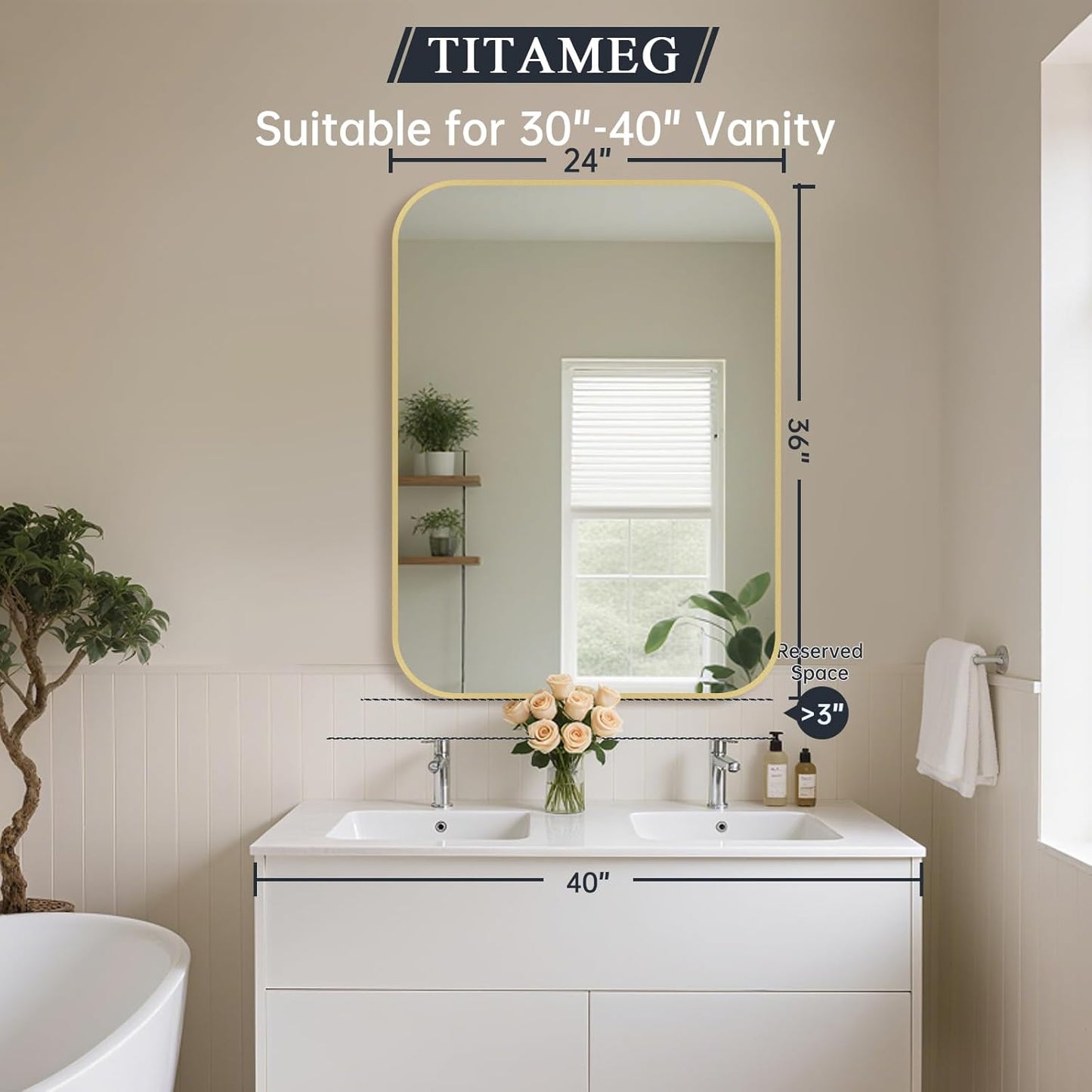 24x36 Inch Bathroom Mirror, Gold Framed Rectangle with Rounded Corner, Aluminum Alloy Framed Brushed Wall Mirror for Bedroom or Living Room, Vertical or Horizontal