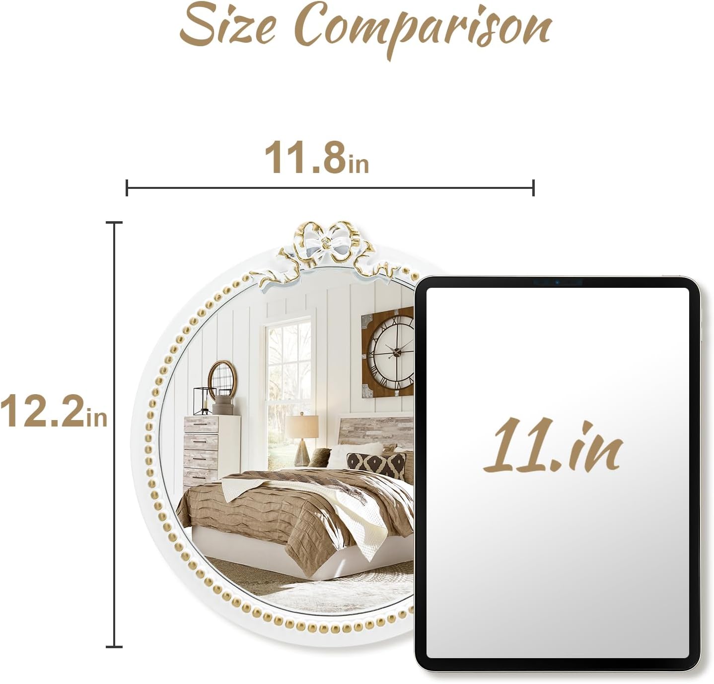 Vintage Round Wall Mirror 11.8inch Small Farmhouse Wooden Vanity Mirror for Wall Decor, Decorative Antique White Nursery Mirrors, Traditional Art Home Bow Decor for Living Room,Bedroom