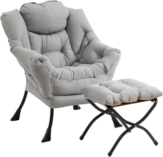 Lazy Chair with Ottoman, Modern Chair with Folding Footrest, Lounge Accent Chair, Comfortable Reading Chair (Light Grey)