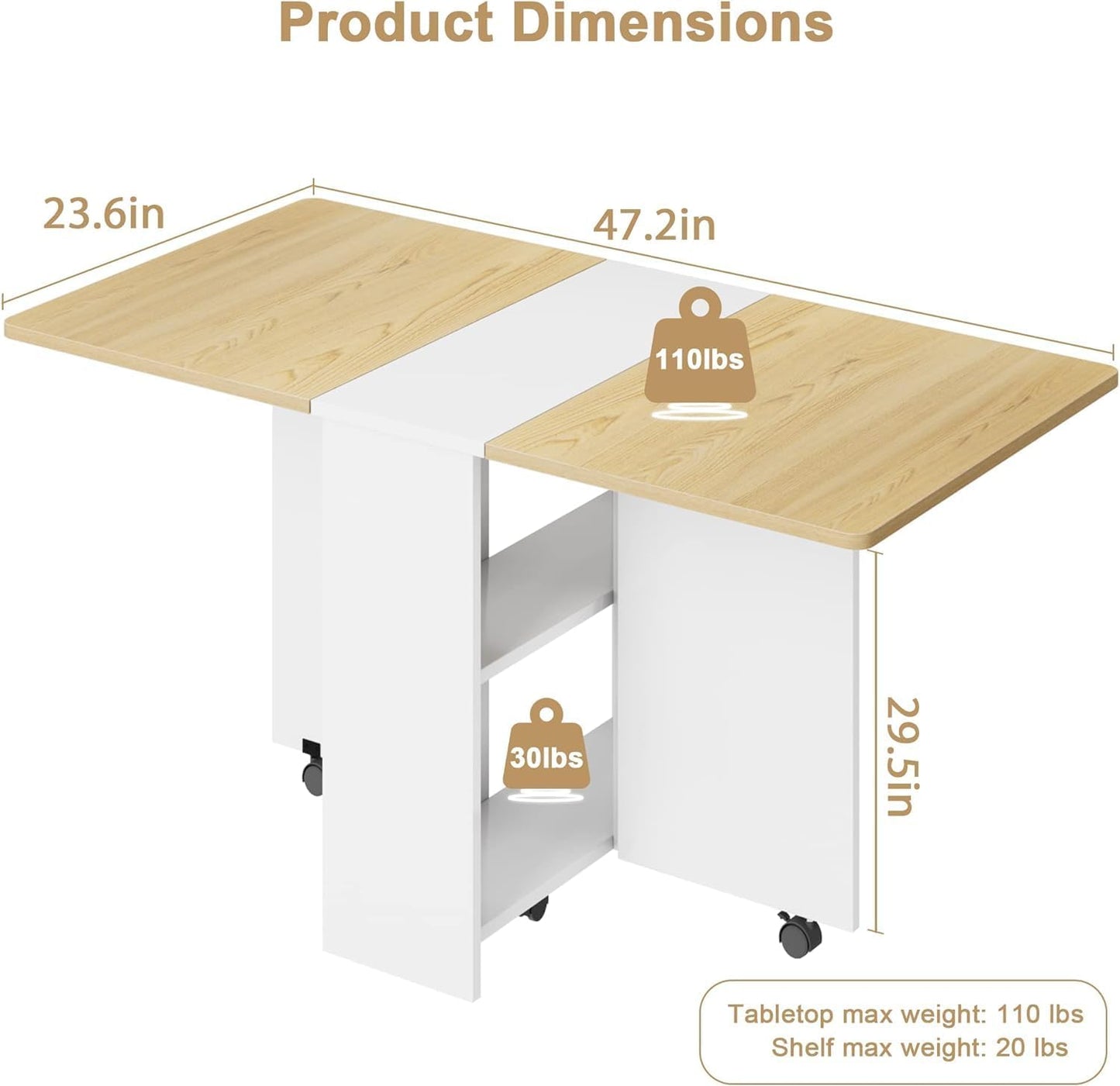 IDEALHOUSE Folding Dining Table, Drop Leaf Table with 6 Wheels and 2-Layer Storage Shelf, Space Saving Dining Table for Small Spaces (Natural Wood, 47.2" D x 23.6" W x 29.5" H)