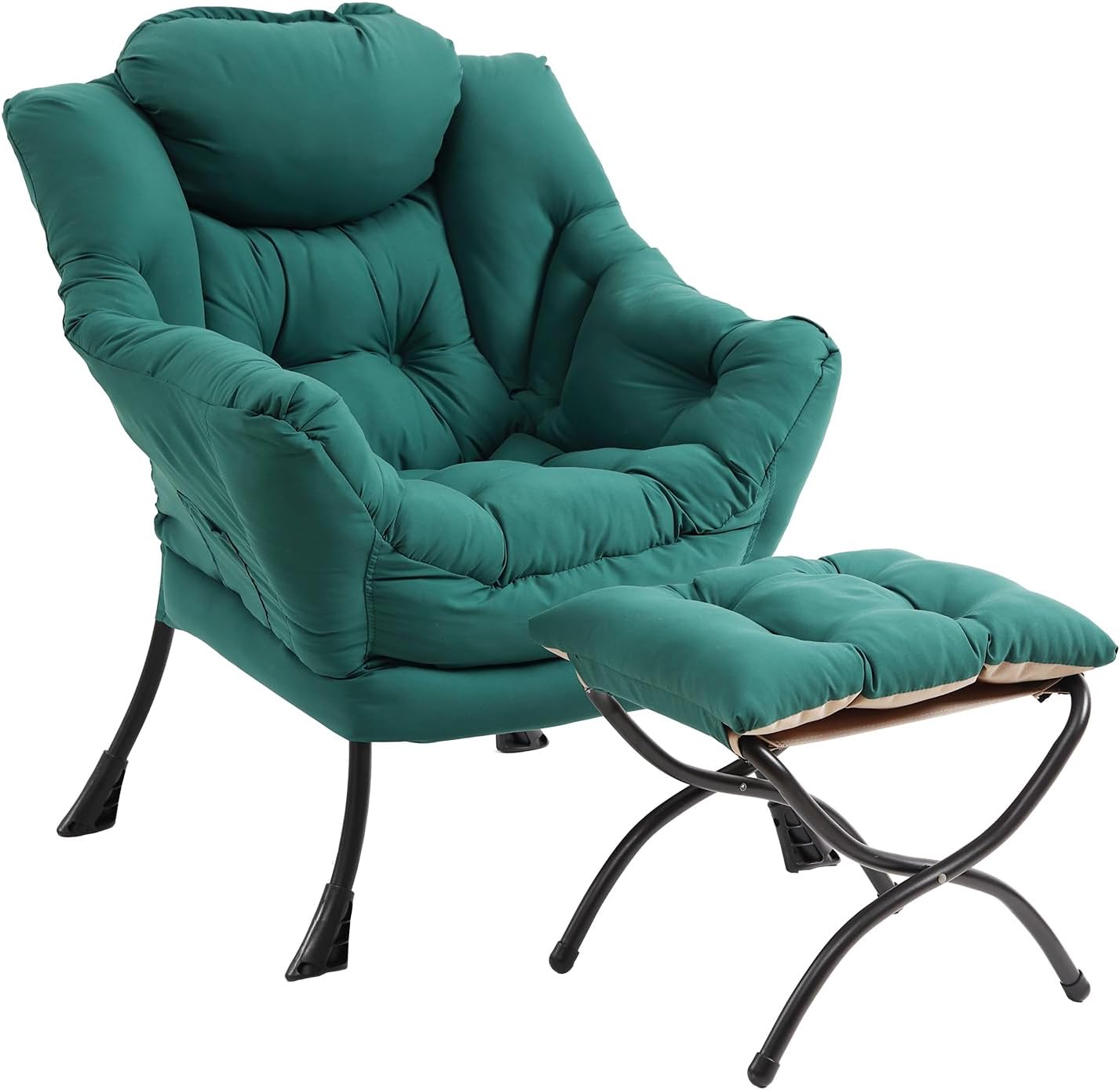Modern Lazy Chair with Folding Footrest, Lounge Accent Reading Chair (Dark Green)