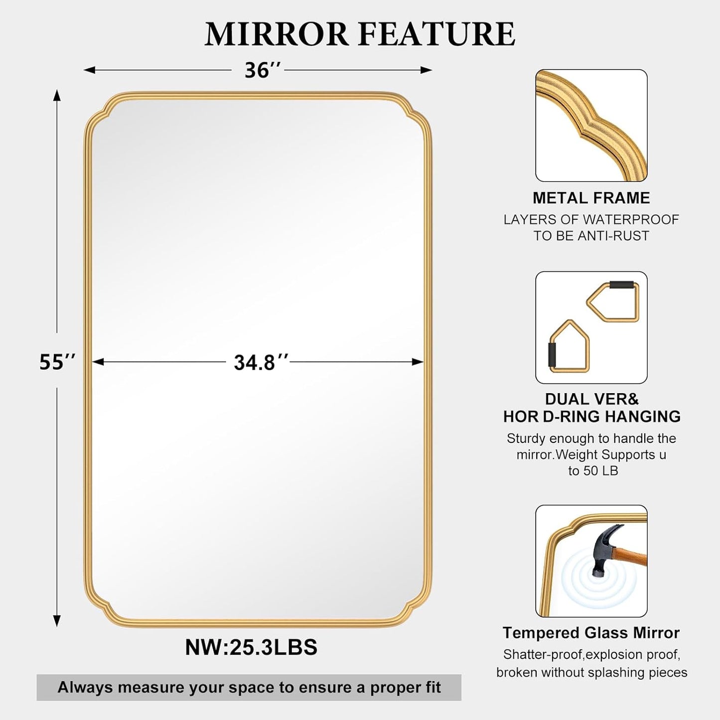 55X36 Inch Gold Metal Framed Bathroom Mirror for Wall, Large Rounded Rectangle Bathroom Vanity Mirror Farmhouse, Anti-Rust, Tempered Glass, Hangs Horizontally or Vertically