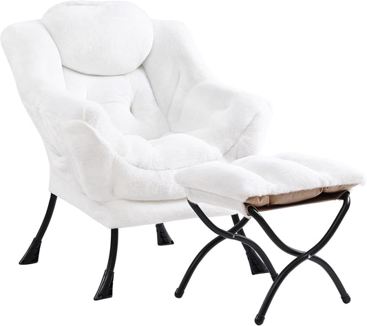 Cozy Lazy Chair and Ottoman, Large Contemporary Accent Lounge Chair Set, Leisure Upholstered Reading Armchair for Bedroom, Living Room, Dorm Rooms, Office