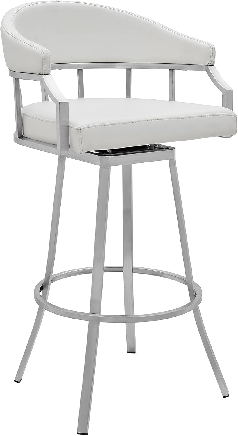 Armen Living Valerie Modern 26" Seat Height White Faux Leather and Brushed Stainless Steel Metal Swivel Bar Stool for Kitchen Island Counter