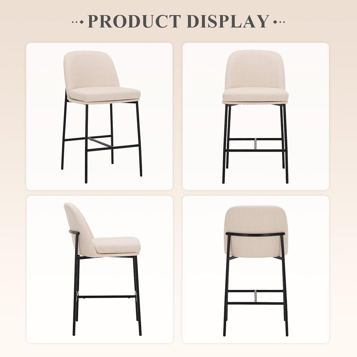 COLAMY Counter Height Bar Stools Set of 2, 25 Inch Modern Fabric Kitchen Island Stools with Back, Upholstered Counter Barstools Armless Bar Chairs with Metal Legs for Island Dining Room Bar, Beige