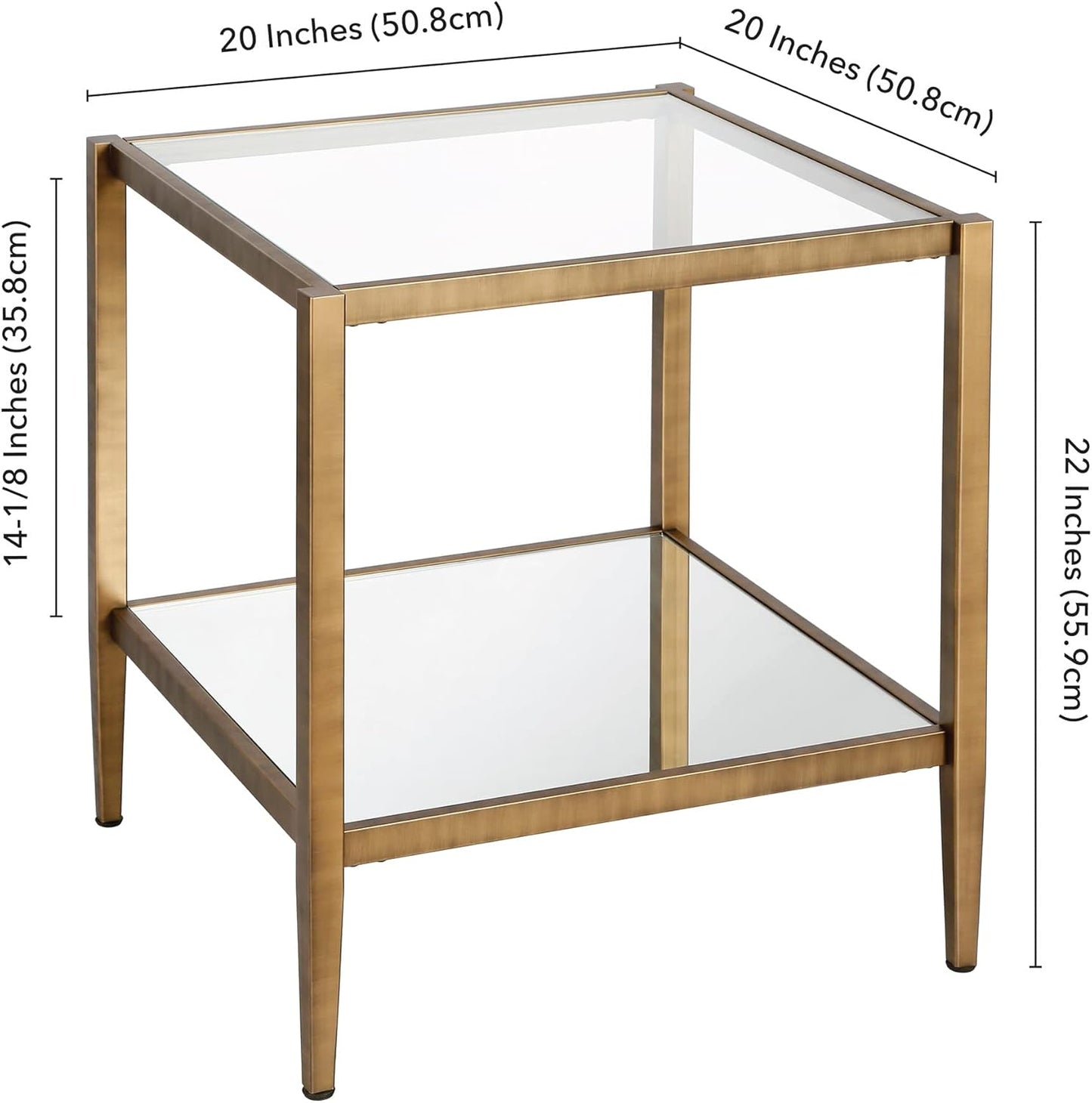 Henn&Hart 20" Wide Square Side Table with Mirror Shelf in Brass, Table for Living Room, Bedroom