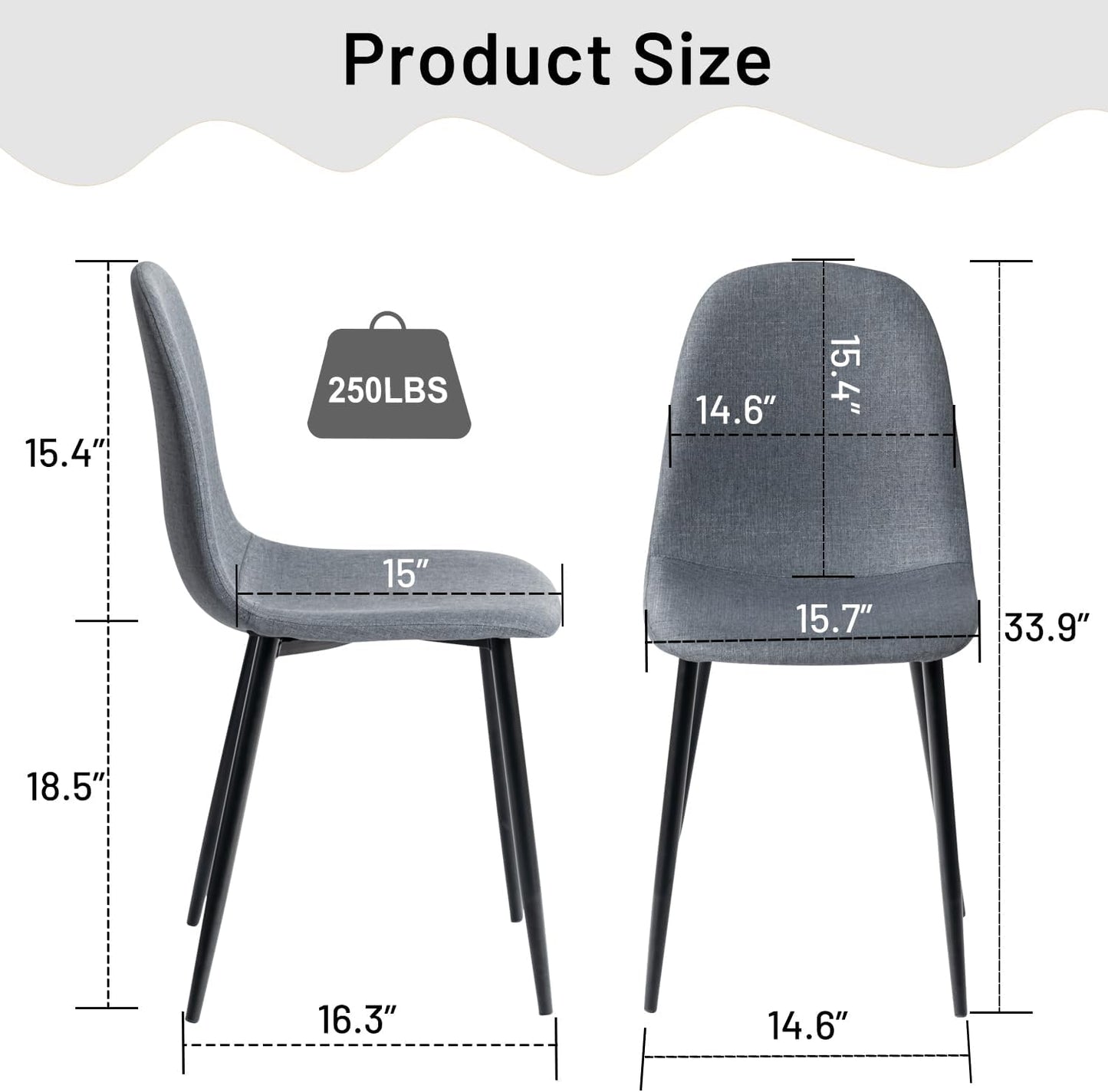 FurnitureR Dining Chairs Set of 4, Fabric Comfy Seat Armless Side Chairs with Metal Legs for Home Kitchen Dining Room Reception Room, Slubbed Grey