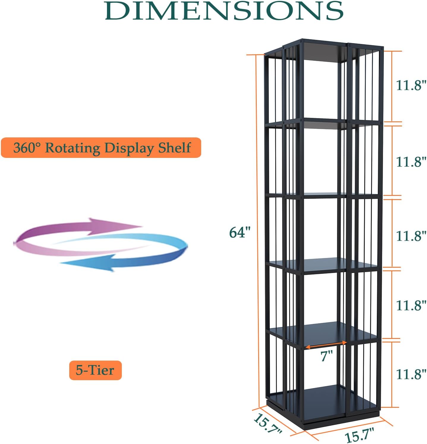 Square Rotating Bookshelf Tower - 360 Spinning Display Corner Bookcase for Narrow Space, Modern 5-Tier Revolving Storage Shelf, Black
