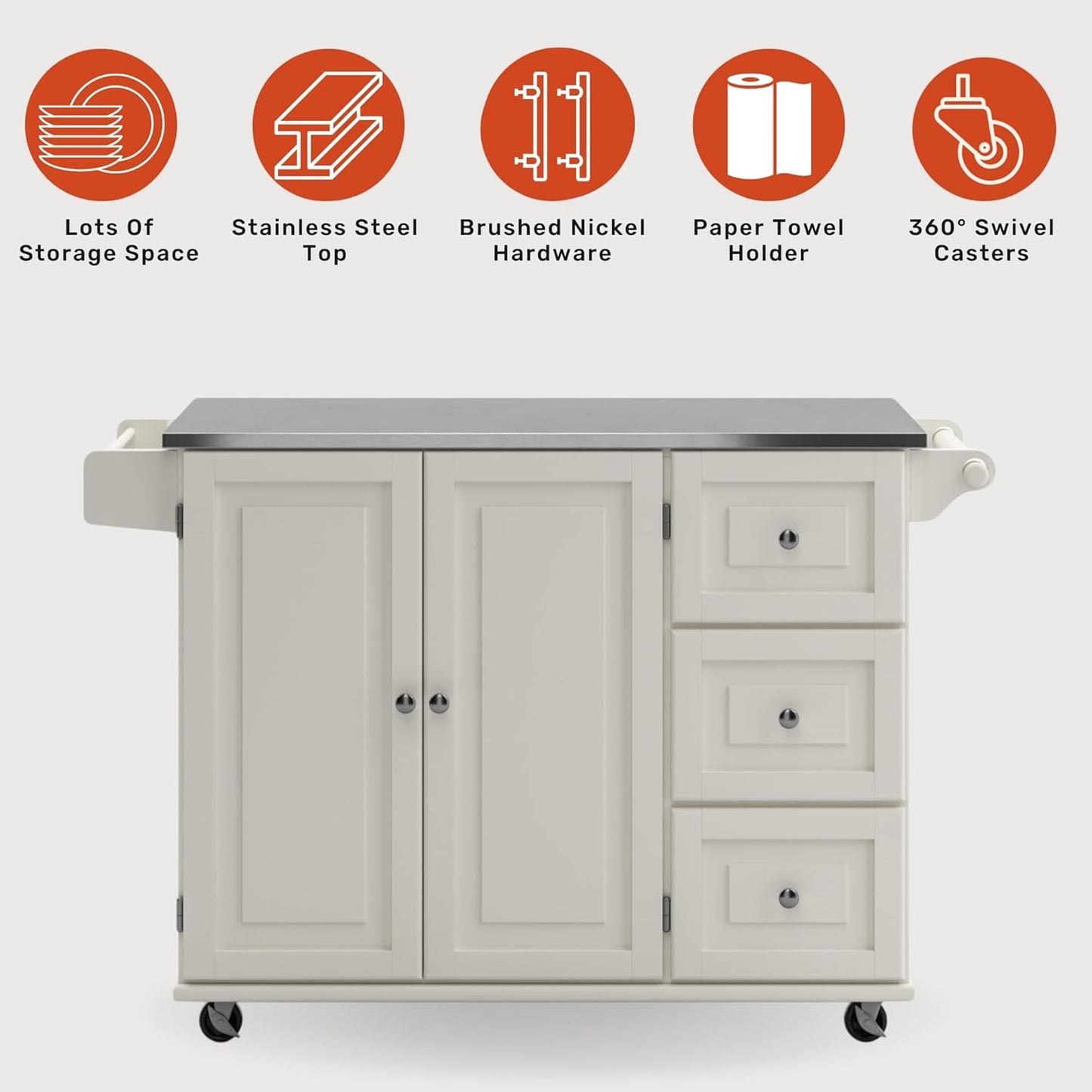 Homestyles Dolly Madison Rolling Mobile Kitchen Island with Storage and Towel Rack, 54 Inch Width, Off White