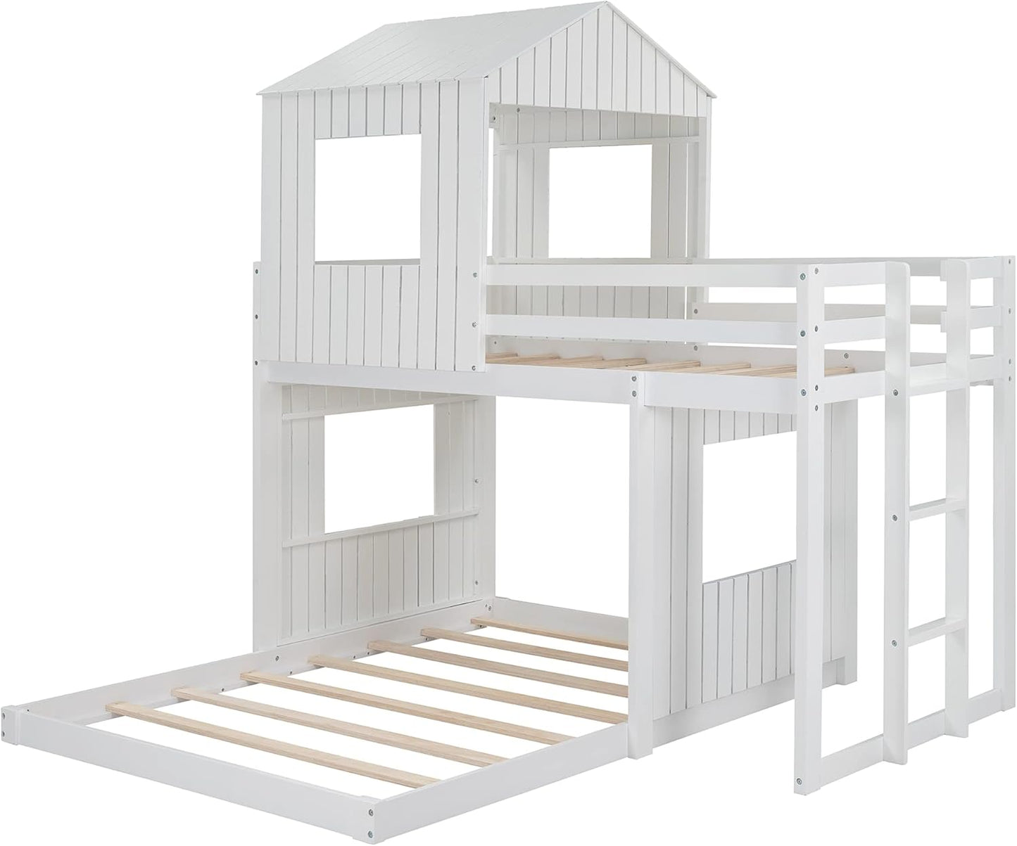 Ball & Cast Twin Over Full Playhouse Bunk Bed with Ladder and Window,Farmhouse Wood Bunkbed w/Full-Length Guard Rail & Slat Support,Space Saving,Bedroom Furniture for Student Dorms,White