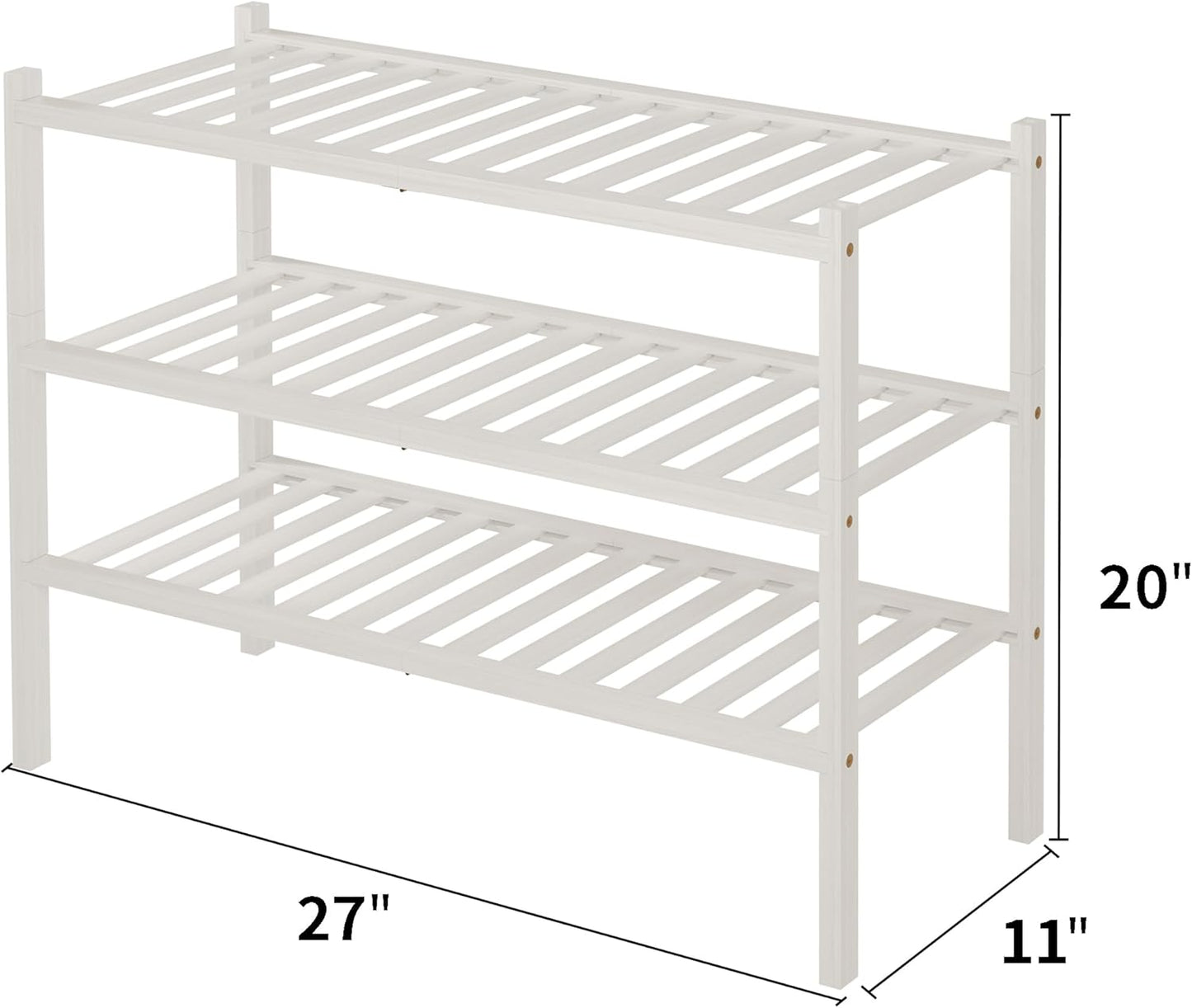3 Tier Bamboo Shoe Rack for Closet Free Standing Wood Shoe Shelf Storage Organizer for Entryway Small Space Stackable 27"x11"x20" (White)