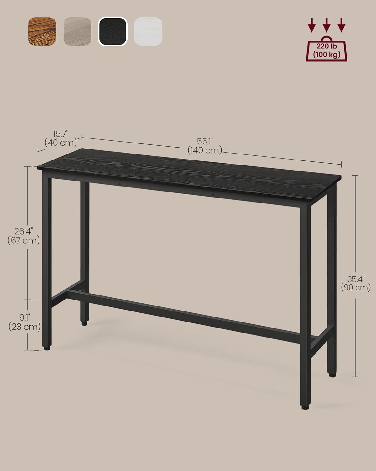VASAGLE Bar Table, Narrow Long Kitchen Dining Table, Sturdy Metal Frame, Industrial, 15.7 x 55.1 x 35.4 Inches, Ebony Black and Ink Black ULBT140B56