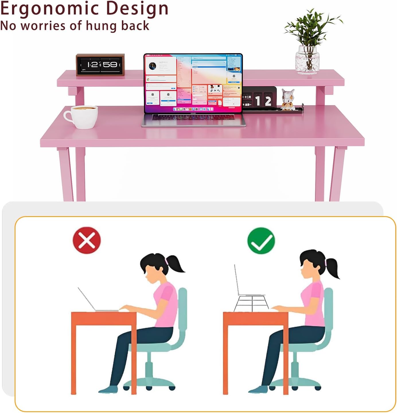 COTUBLR Small Desk, 27.5 Inch Small Computer Desk for Spaces, Computer Desks with Adjustable Monitor Stand, Compact Desks with Storage, Tiny Study Table for Bedroom Home Office, Pink