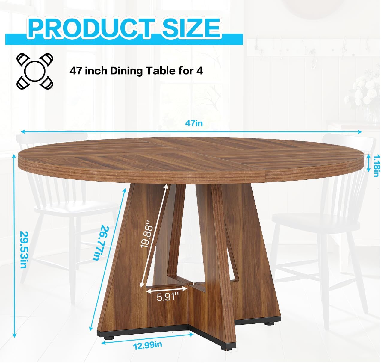 47" Round Dining Table for 4-6, Modern Dinner Table Farmhouse Round Small Kitchen Tables with Wooden Cross Base for Dining Room, Kitchen, Living Room, Vintage Brown