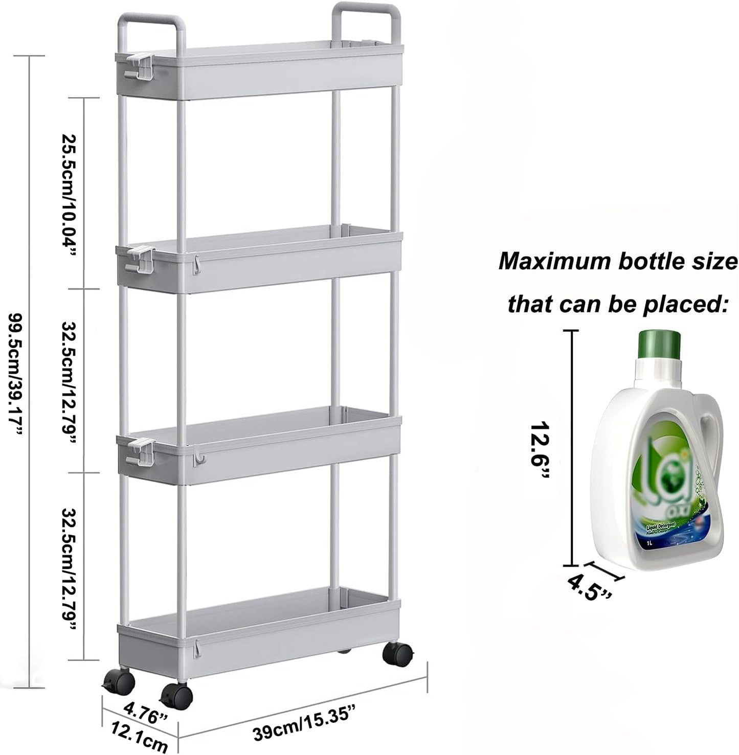 SOLEJAZZ Slim Rolling Storage Cart with Wheels 4 Tier Skinny Bathroom Storage Organizer Narrow Shelf Unit Thin Laundry Room Utility Cart for Bedside Kitchen Office Next to Fridge Small Places, Gray