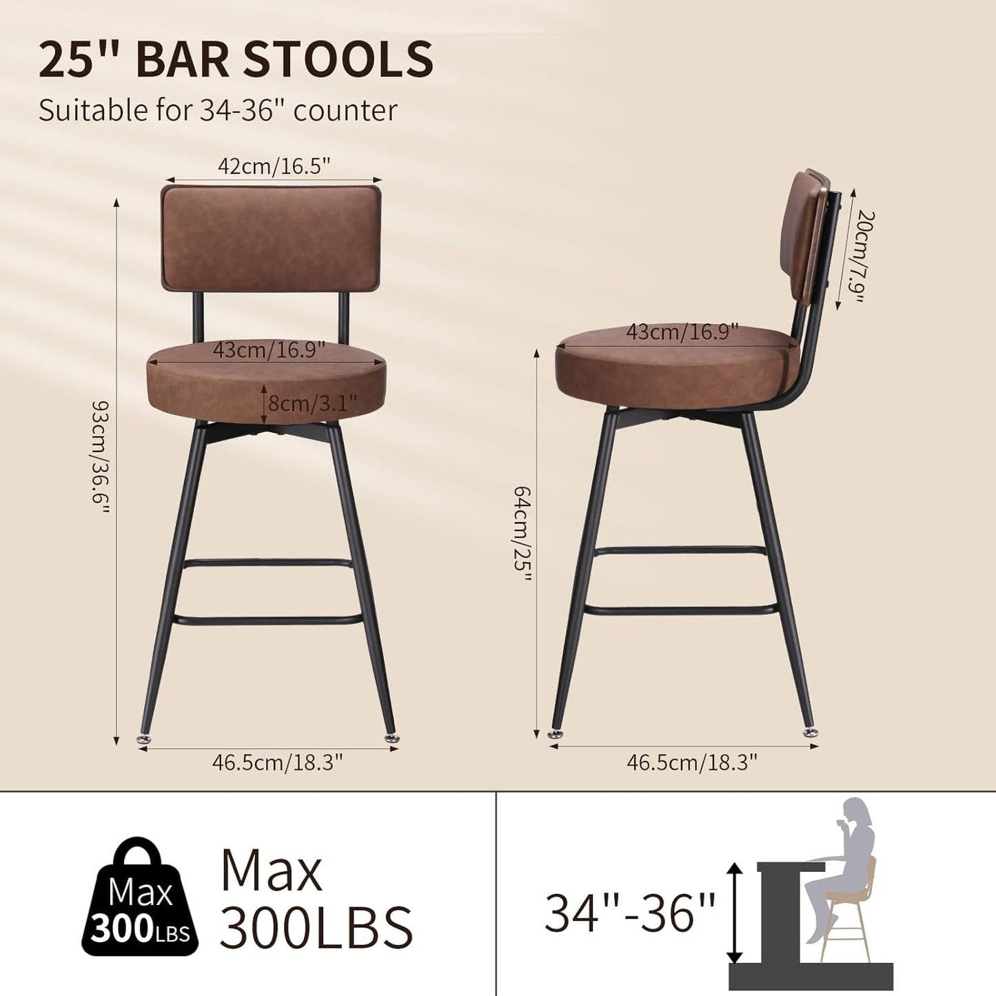 Bar Stools Set of 2, 25 Inch Swivel Bar Stools Bar Chairs, Faux Leather Counter Height Bar Stools with Backrest, Stools for Kitchen Counter Island Rustic Farmhouse, Brown