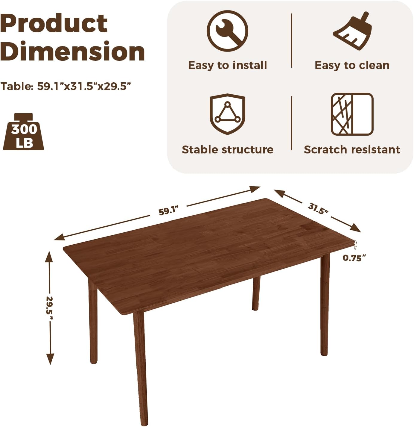 DELAVIN 59" Large Solid Wood Dining Table for 4-6 People, Mid Century Modern Oak Dining Room Table, Farmhouse Rectangular Kitchen Table for Dining Room, Living Room, Easy Assembly, Walnut