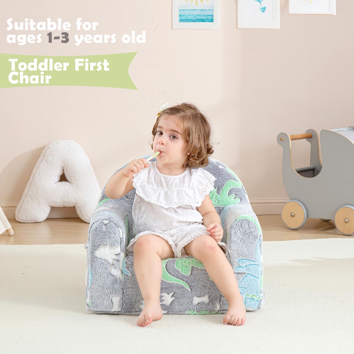 Toddler Chair Comfy,Toddler Couch Fold Out, 2-in-1 Kids Sofa,Flip Out Kids Couch,Sofa Convertible,Children Reading Chair for Age 1-3(Grey Dino)