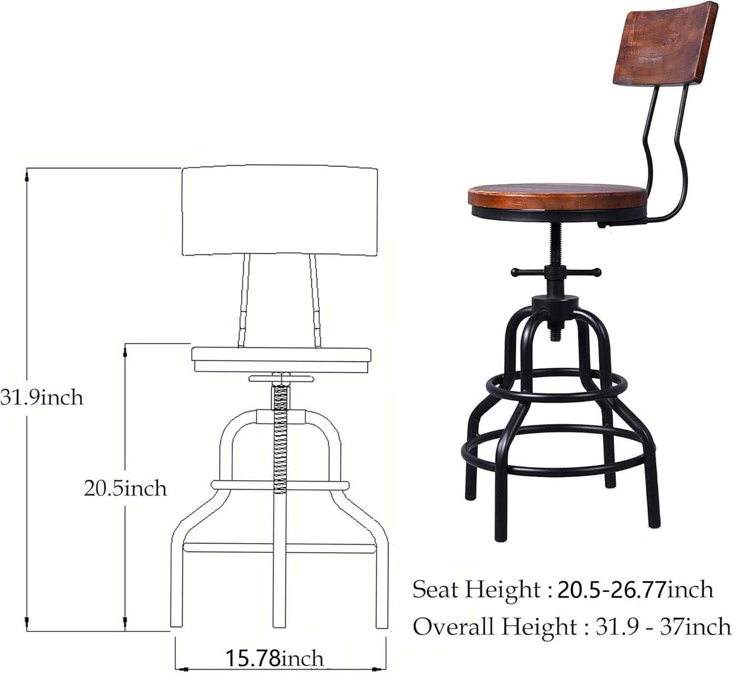 Diwhy Industrial Vintage Counter Stool, Kitchen Counter Height Adjustable Swivel Chair, Metal Frame Stool, with Wood Backrest, 20.47-26.77 Inch, Fully Welded Base, Set of 2