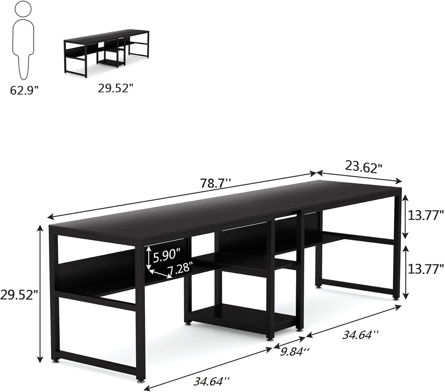 Tribesigns Two Person Desk with Bookshelf, 78.7 Computer Office Double Desk for Two Person, Rustic Writing Desk Workstation with Shelf for Home Office (Black)