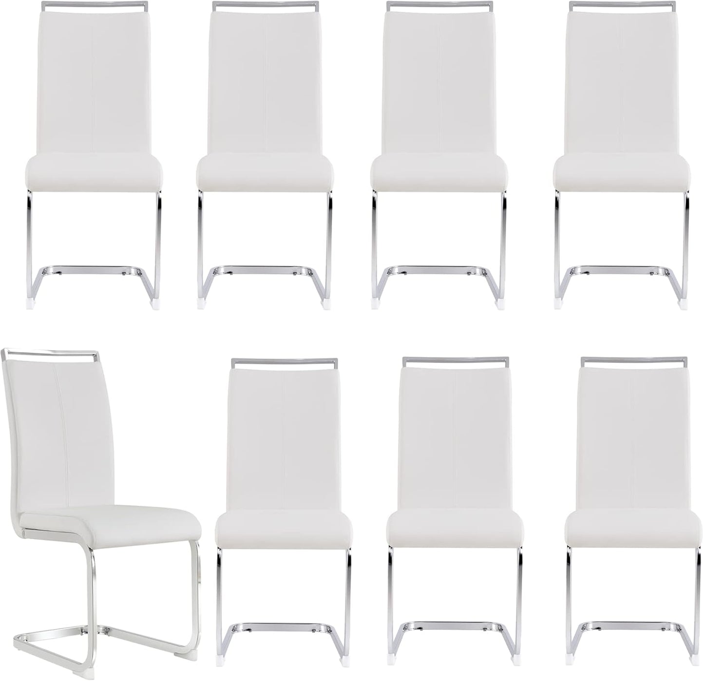 Dining Chairs Set, Kitchen Modern Metal Chairs with Faux Leather Padded Seat High Back and Sturdy Chrome Legs, Chairs for Dining Room (White, Set of 8)