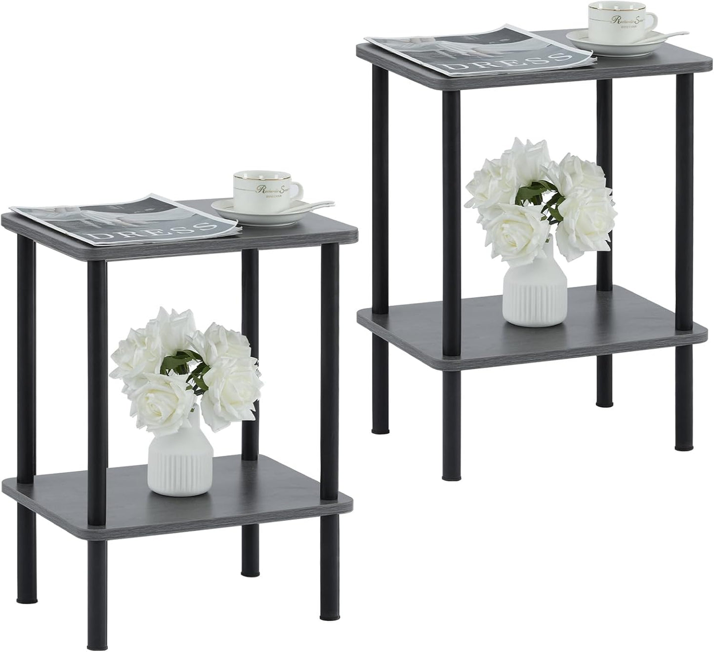 Apicizon 2 Tier End Table Set of 2, Boho Side Table with Storage Shelf, Nightstand Bedside Table for Small Spaces, Bedroom, Living Room, Entryway, Farmhouse, Easy Assembly, Grey